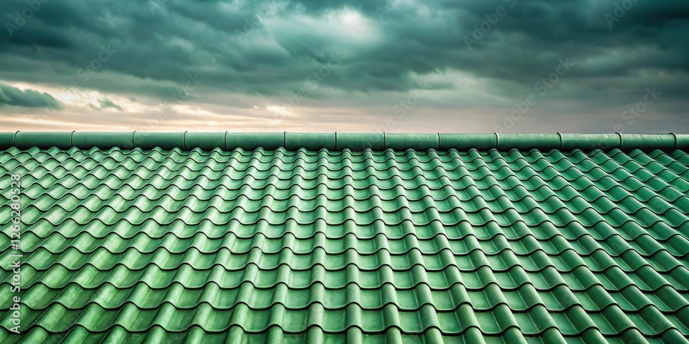 Fototapeta premium Green Roof Tiles Under a Dramatic Sky A Study in Architectural Detail and Atmospheric Contrast
