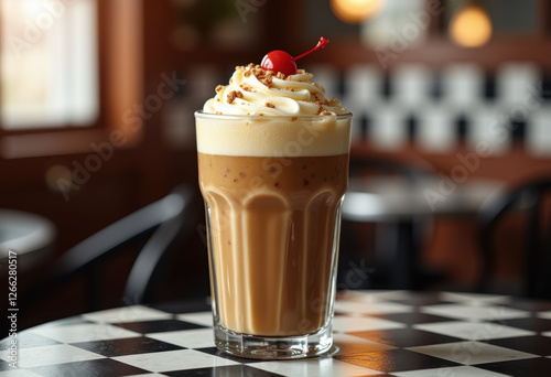 Root Beer Float with Cherry on Checkerboard Table