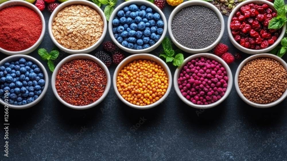 Colorful Superfoods in Bowls on Dark Background Colorful Superfoods in Bowls on Dark Background