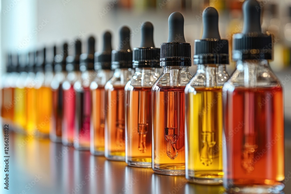 Rows of colorful e-liquid bottles with droppers. Showcase of various vape juice flavors for vaping. Rows of colorful e-liquid bottles with droppers. Showcase of various vape juice flavors for vaping.