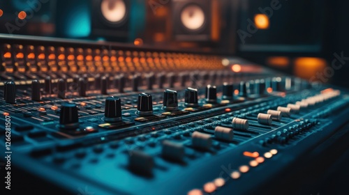 Close-up of a sound mixing console with knobs and sliders in a recording studio.