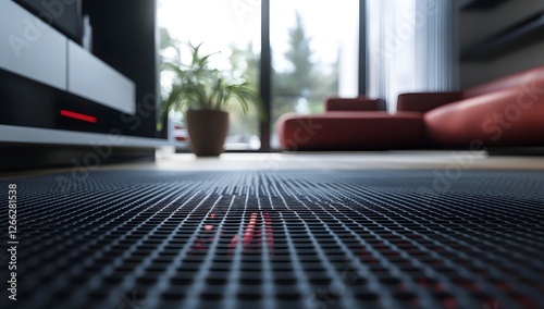 Heated floor in modern living room with red couch photo