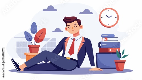 The image depicts a businessman exhibiting a relaxed, almost nonchalant attitude towards his work, suggesting a moment of respite or deliberate procrastination.