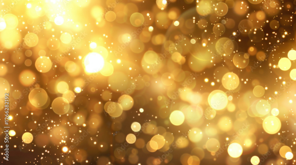 Golden bokeh background with shimmering lights creating festive atmosphere. Perfect for celebrations, holidays, or elegant designs