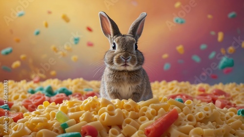 A rabbit sits amidst a colorful pile of pasta, creating a whimsical and playful scene.