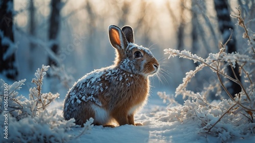 A serene rabbit sits in a snowy landscape, surrounded by frost-covered plants.