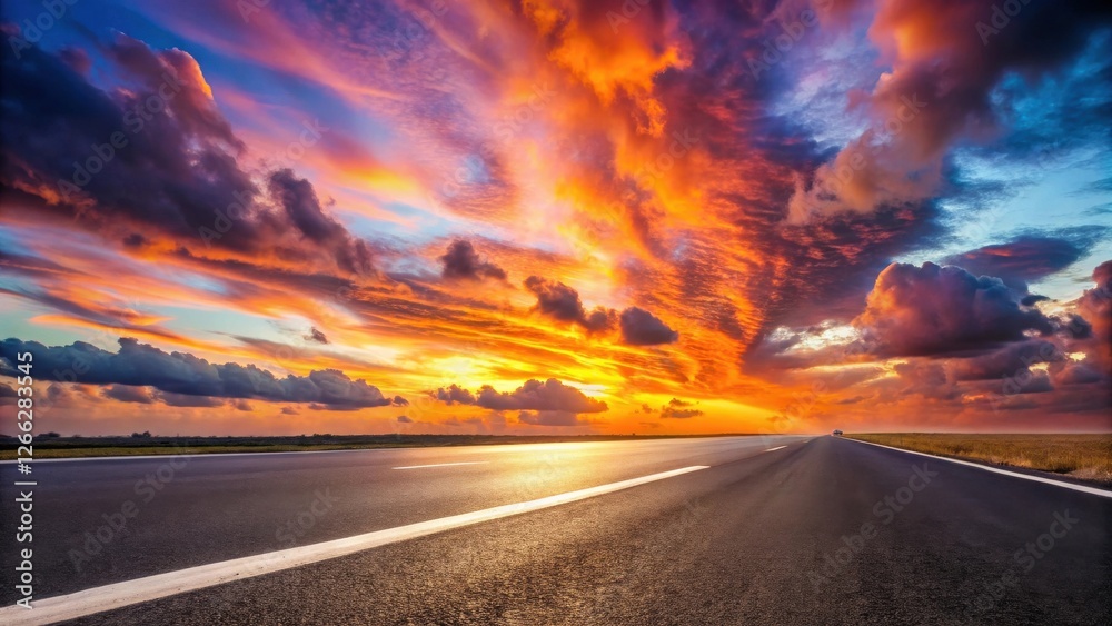 Naklejka premium A Dramatic Sunset Sky Over an Empty Asphalt Highway, Featuring Vivid Colors and Cumulus Clouds
