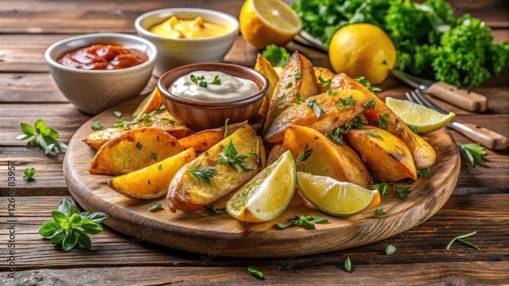 Crispy golden fried potato wedges on a rustic wooden table surrounded by fresh herbs and citrus fruits Crispy golden fried potato wedges on a rustic wooden table surrounded by fresh herbs and citrus fruits