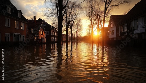 Flooded European Town Houses at Sunset photo