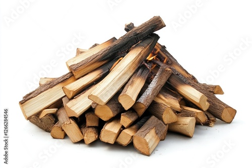 Pile of burning wood, campfire fuel, isolated on white background photo
