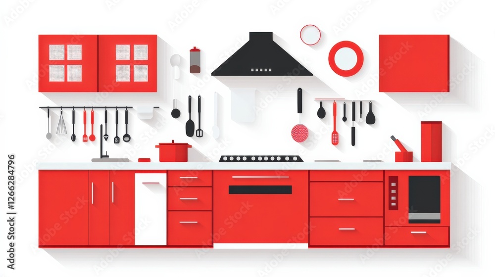 Fototapeta premium Modern red kitchen interior design with utensils, appliances, and organized space
