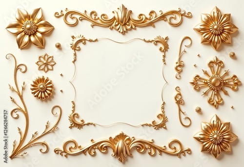 Collection of Golden Baroque Ornaments Exquisite 3D Rendered RococoStyle Decorative Elements for Design Projects photo