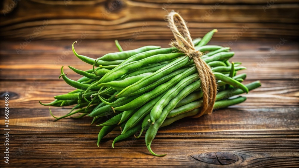 A Bundle of Fresh Green Beans Tied with Rustic Twine on a Dark Wooden Surface A Bundle of Fresh Green Beans Tied with Rustic Twine on a Dark Wooden Surface