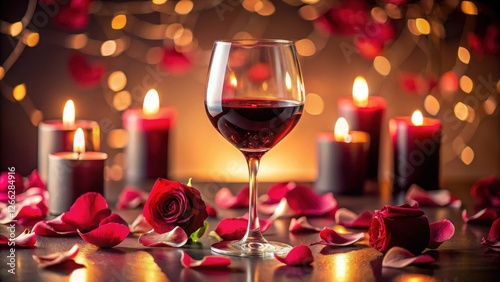 Red wine flowing into a glass filled with fresh rose petals, against a soft pink background, under a warm candlelight glow , romantic dinner, valentine's day