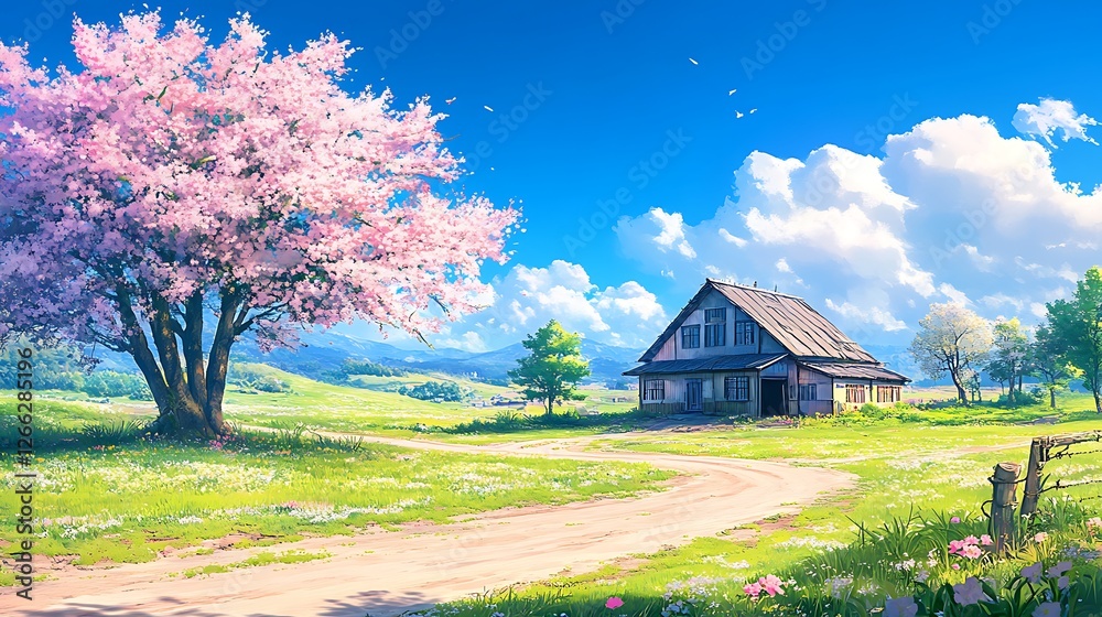 Obraz premium Springtime Farmhouse Beside Blooming Cherry Tree