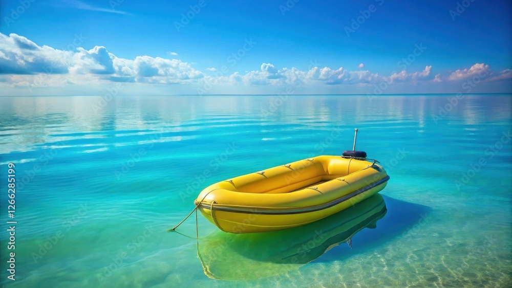 A vibrant yellow inflatable boat rests serenely in a tranquil, shallow turquoise sea under a bright, cloud-filled sky, reflecting the serene beauty of nature A vibrant yellow inflatable boat rests serenely in a tranquil, shallow turquoise sea under a bright, cloud-filled sky, reflecting the serene beauty of nature
