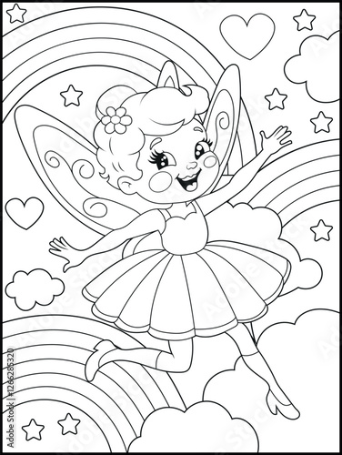 Black and white fairy coloring pages for kids. Children's coloring books with cute cartoon fairy characters, fun and educational materials for kindergarten.
