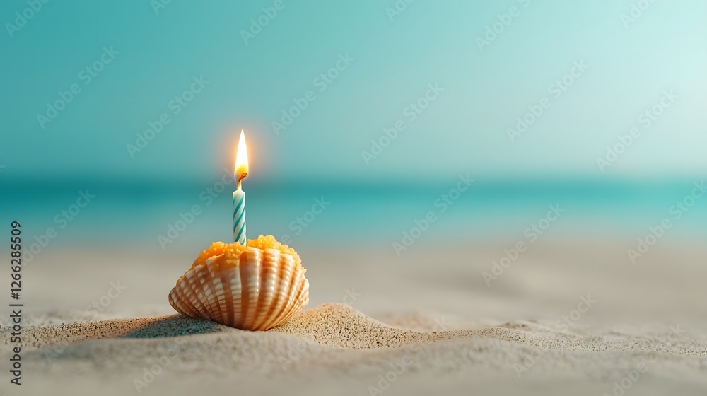 Tiny glowing candle flame illuminating the interior of a natural seashell sitting atop a peaceful sandy beach setting for a beachside birthday or anniversary event Tiny glowing candle flame illuminating the interior of a natural seashell sitting atop a peaceful sandy beach setting for a beachside birthday or anniversary event