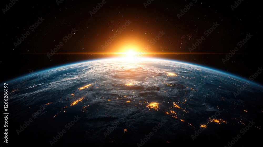 Obraz premium Earth sunrise space view, city lights, global perspective, environmental background, ideal for science education