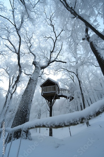 Treehouse Cabin   A raised treehousestyle cabin with a wintery treetop view photo