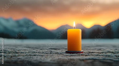A solitary birthday candle glowing warmly against the cold serene backdrop of a snowy mountainous landscape  The candle s gentle flame illuminates the stillness and tranquility of the wintry scene