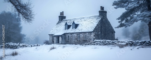 Scottish Highlands Stone Cottage   A centuriesold stone house, snowcovered, standing in the misty, moody winter of the Highlands photo