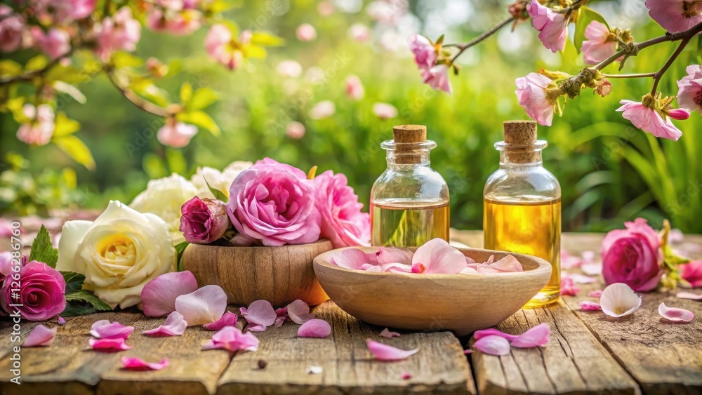 Aromatherapy massage with rose petals and essential oils in a serene outdoor setting amidst blooming flowers , nature Aromatherapy massage with rose petals and essential oils in a serene outdoor setting amidst blooming flowers , nature