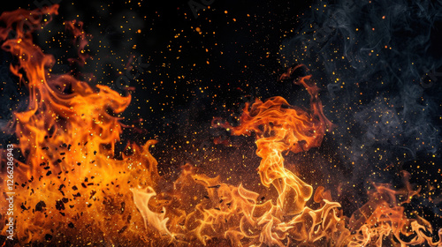 Fiery flames and glowing embers create dramatic and intense atmosphere, showcasing beauty of fire and smoke in captivating display