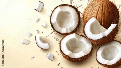 Freshly cracked coconuts on a light beige surface, scattered pieces, tropical design