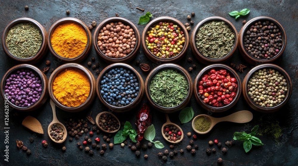 Collection of colorful spices in wooden bowls arranged on a dark stone surface with herbs