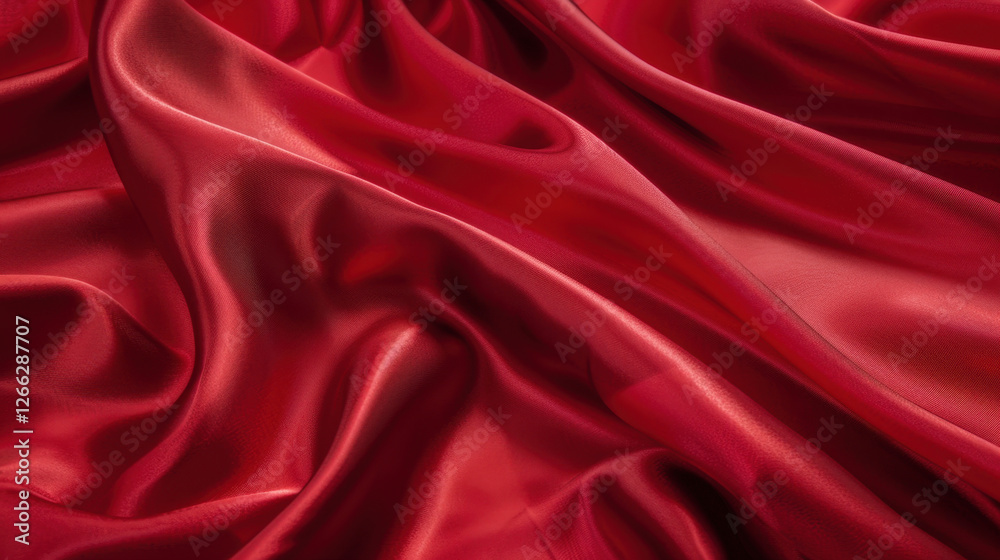 Fototapeta premium Luxurious red satin fabric with smooth, flowing texture and rich color. elegant drapes create sense of depth and sophistication, perfect for various design applications