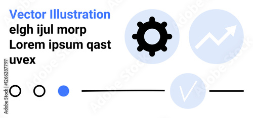 Gear icon indicating settings, upward graph symbolizing growth, checkmark for completion, plus various circles and lines. Ideal for business apps, project tracking, optimization tools, workflow