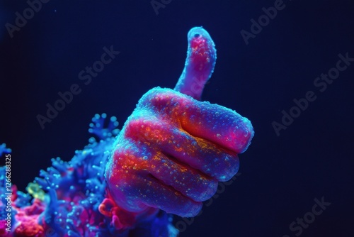 Neon coral formations resembling a human hand giving thumbs up photo