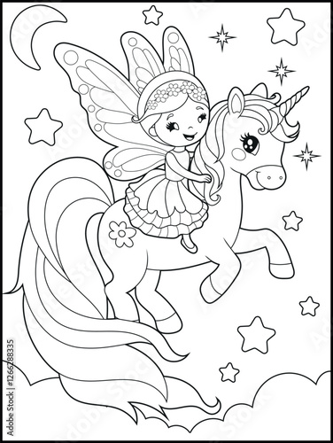 Black and white fairy coloring pages for kids. Children's coloring books with cute cartoon fairy and unicorn characters, fun and educational materials for kindergarten.
