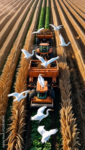 Drone captures dynamic harvest with egrets circling above busy machinery photo