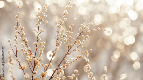 Delicate branches adorned with soft, white flowers create serene atmosphere, illuminated by dreamy, blurred background of shimmering light