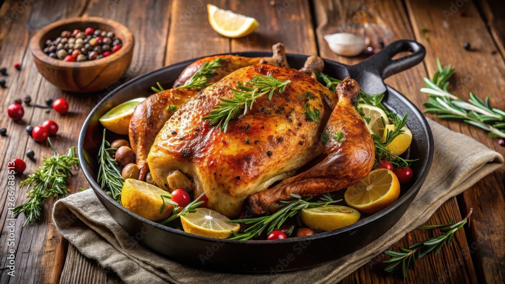 Whole chicken baked in a hot skillet with a medley of fragrant spices and fresh herbs, creating a mouthwatering dish perfect for special occasions, baked whole, food styling