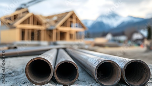 Metal pipes at construction site, new house framing, mountains in background.  Possible use  Building materials, real estate, development photo