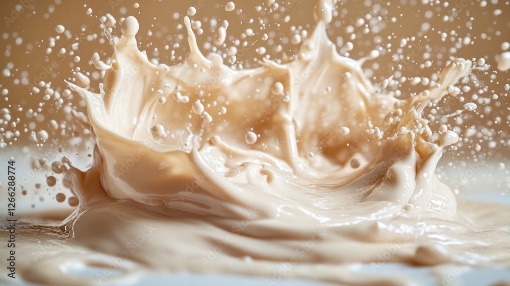 Creamy Milk Splash on Beige Surface Creamy Milk Splash on Beige Surface