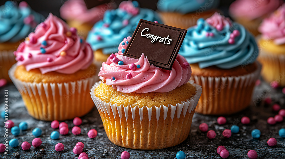 Realistic photo of Graduation Cupcakes and Cookies with Congrats text, Festive Celebration Realistic photo of Graduation Cupcakes and Cookies with Congrats text, Festive Celebration
