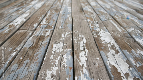 Weathered wooden planks with peeling paint create rustic, textured surface. worn look adds character and charm, perfect for various design projects