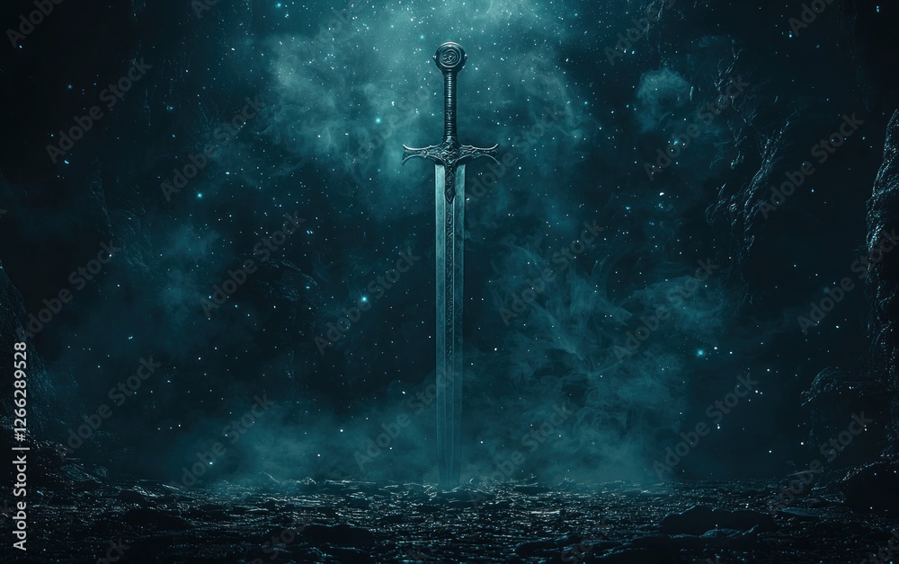 Naklejka premium A Majestic Sword Stands in a Mystical Dark Realm