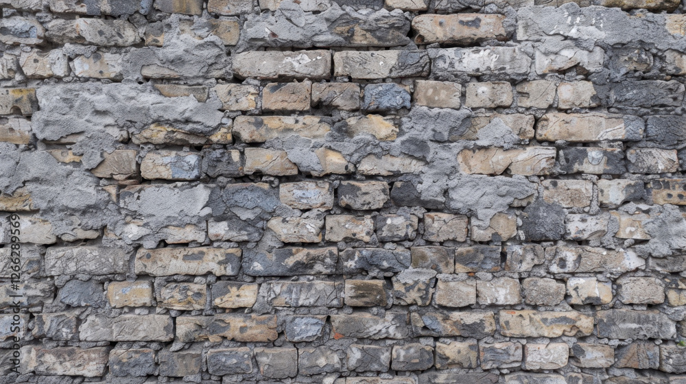 textured wall made of gray and beige bricks, showcasing wear and age. uneven surface adds character and depth to structure, making it visually interesting textured wall made of gray and beige bricks, showcasing wear and age. uneven surface adds character and depth to structure, making it visually interesting