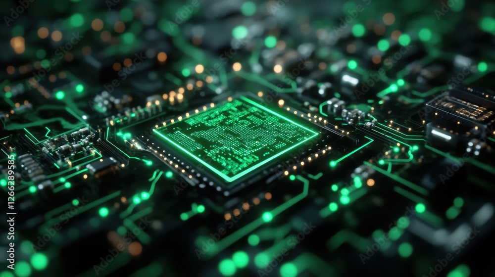 Close-up of a glowing green circuit board. Ideal for tech, innovation, and AI projects. Close-up of a glowing green circuit board. Ideal for tech, innovation, and AI projects.