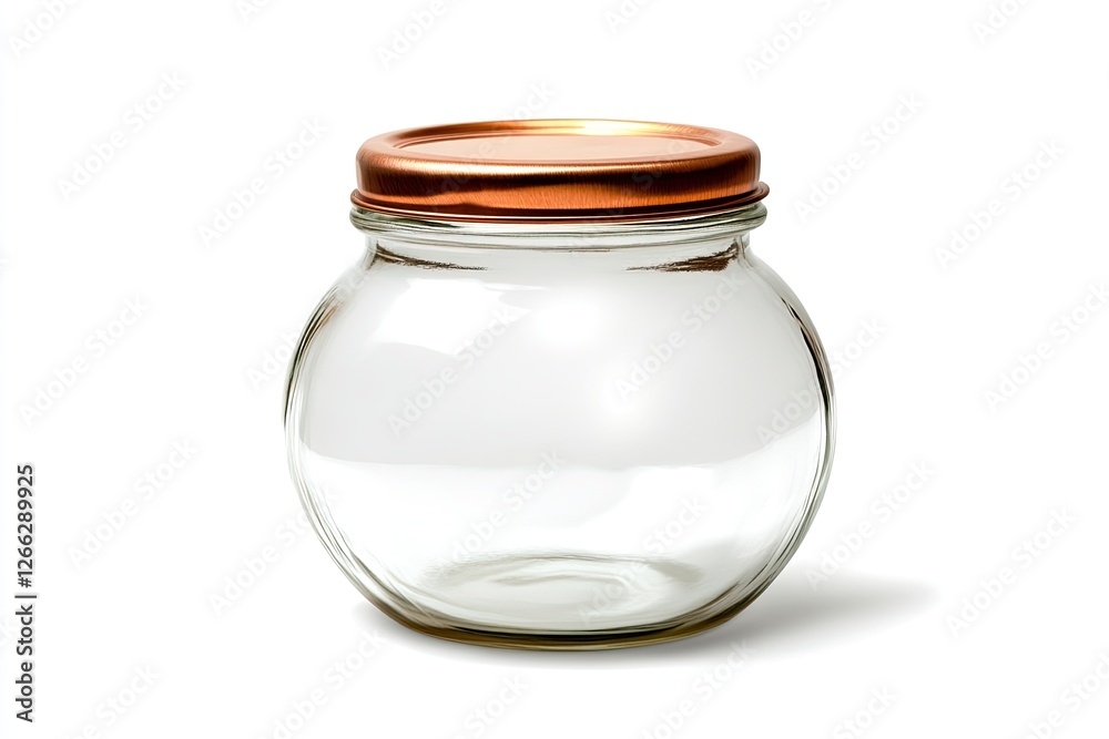 Empty glass jar with copper lid on white background Empty glass jar with copper lid on white background
