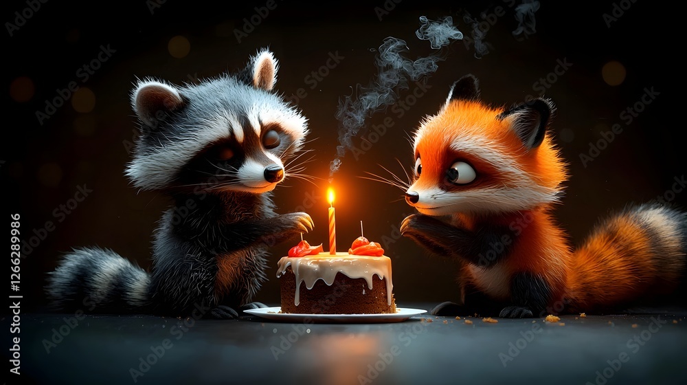 Two mischievous forest creatures a raccoon and a fox sharing a delightful birthday cake together in a cozy moody and fantastical setting Two mischievous forest creatures a raccoon and a fox sharing a delightful birthday cake together in a cozy moody and fantastical setting