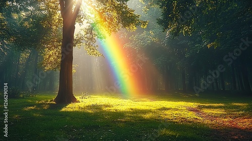 Serene forest scene with vibrant rainbow illuminating sunlit clearing and lush greenery
