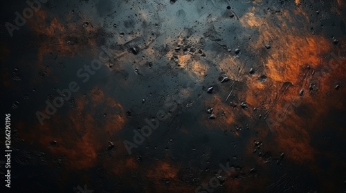 Abstract black metal sheet backdrop with textured surface and fiery orange accents for artistic and design purposes