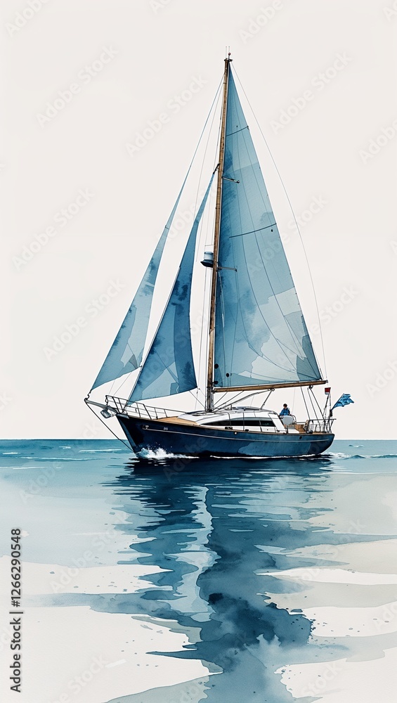 Fototapeta premium A Sailboat Floating on a Calm Ocean watercolor in Marine & Seascapes on plain white background