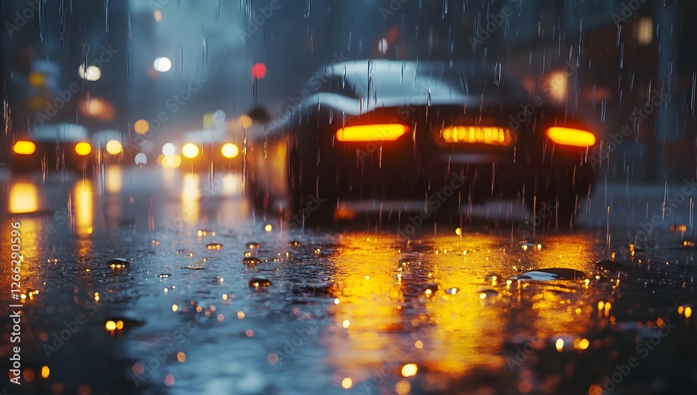 Obraz premium Rainy City Street at Night, Cars Passing, Urban Scene